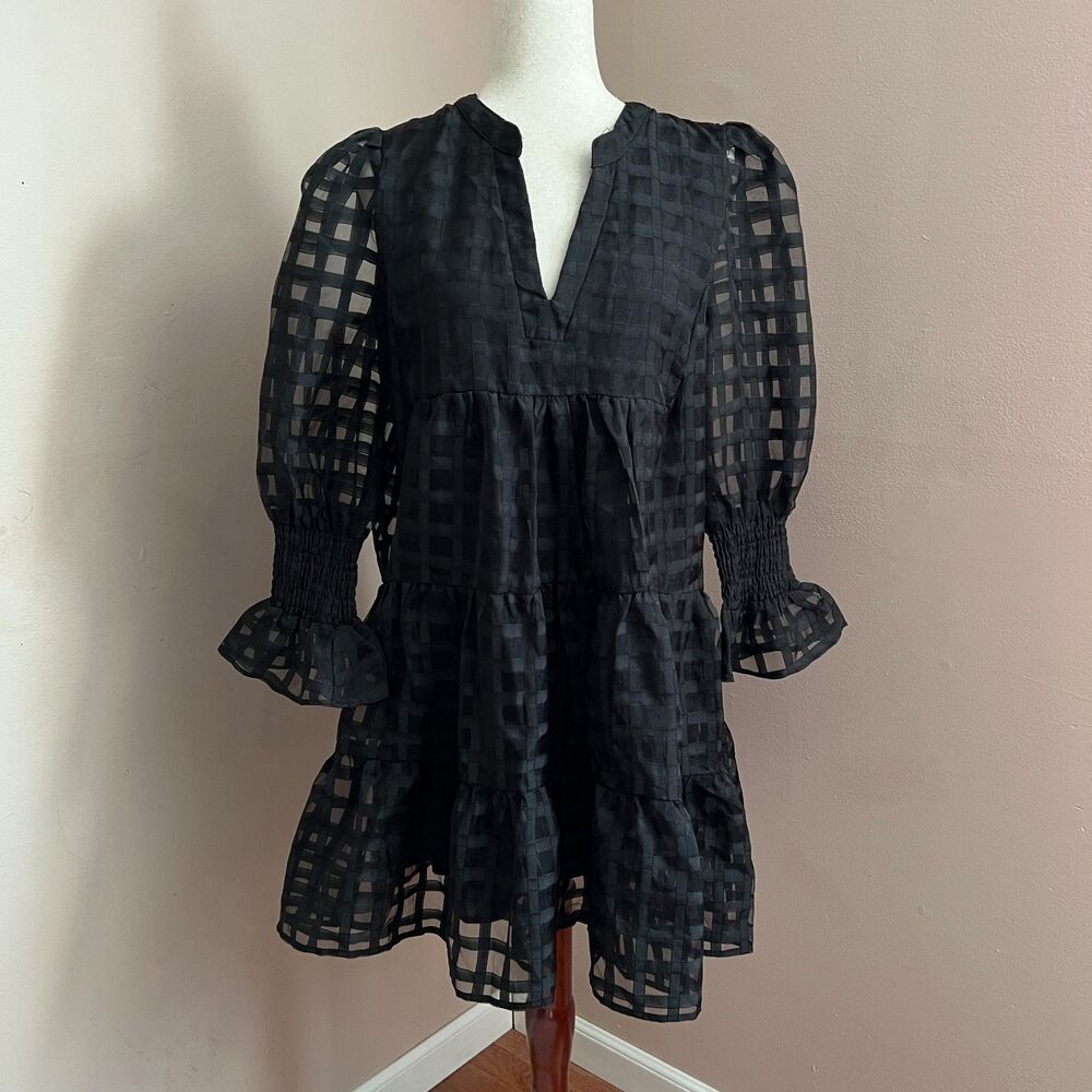 Whimsygoth Shop the Mint Black Checkered Tiered Babydoll Dress Sz L Puff Sleeve
